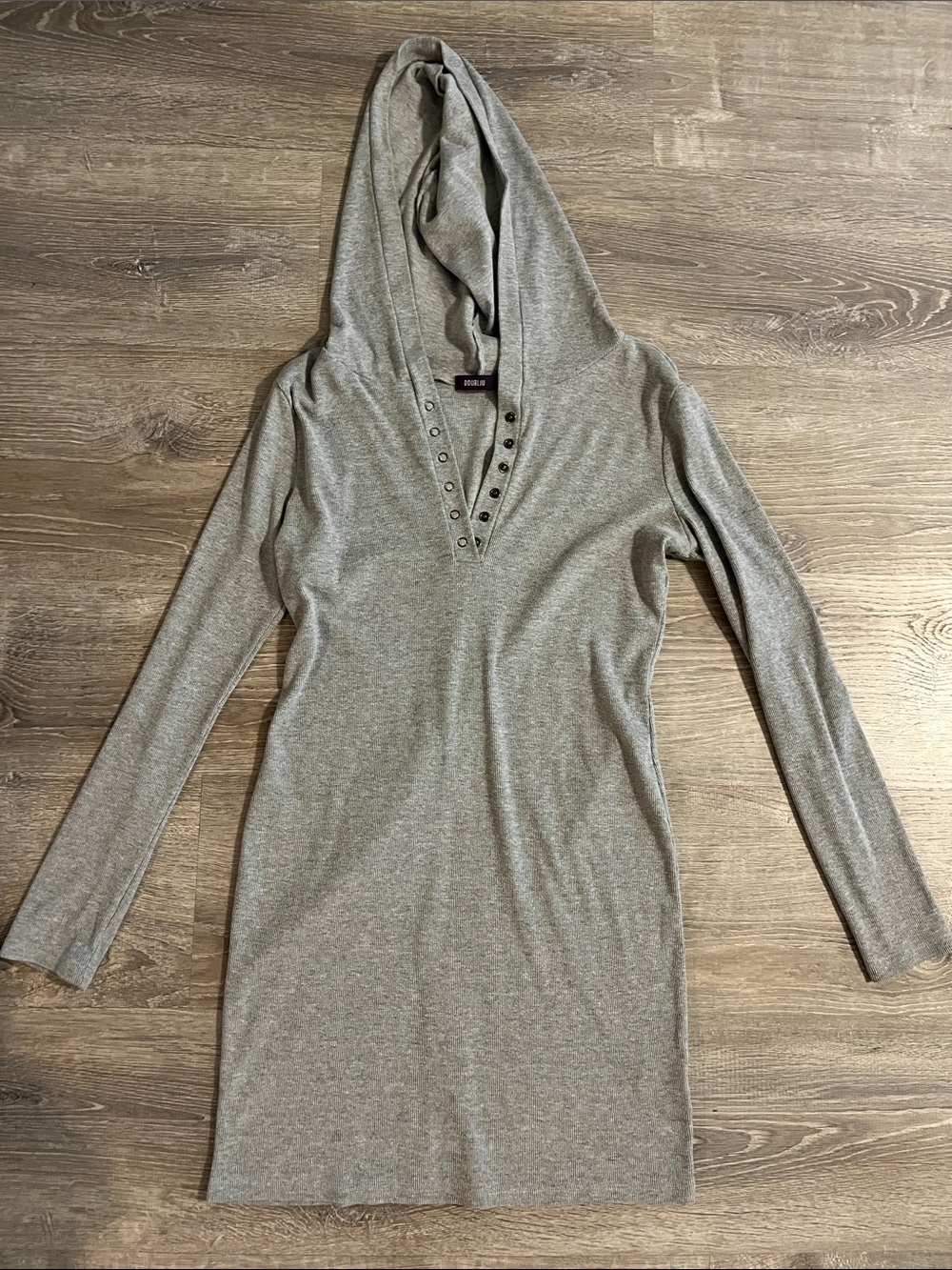 Doublju Gray Hooded Long Sleeve Knit Dress with Grommet V-Neck